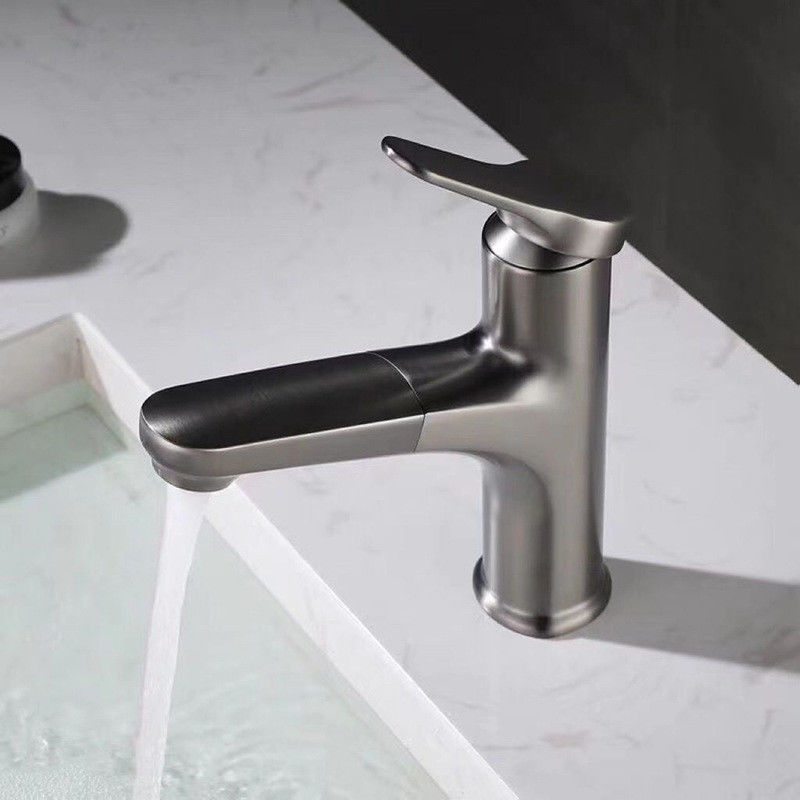 ทองเหลืองโมเดิร์นดึงออก 360° หมุนเดี่ยวผสมอ่างล้างหน้าหลุมเดียวใน Chrome Matte Black Grey